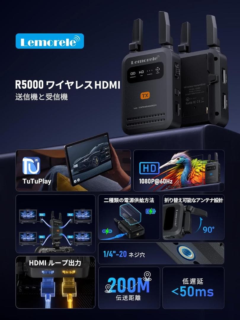 ワイヤレス HDMI 送受信機セット 200m 折りたたみ式アンテナ 1080p