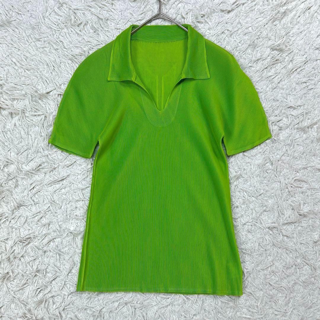 【美品】プリーツプリーズ 半袖 スキッパー カットソー 3 L相当 グリーン 緑
