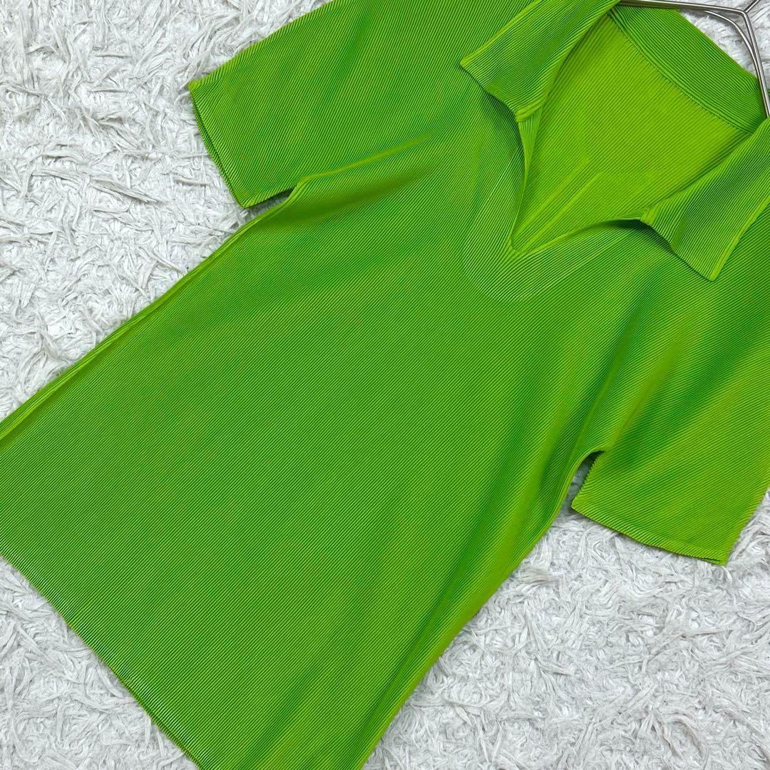 【美品】プリーツプリーズ 半袖 スキッパー カットソー 3 L相当 グリーン 緑