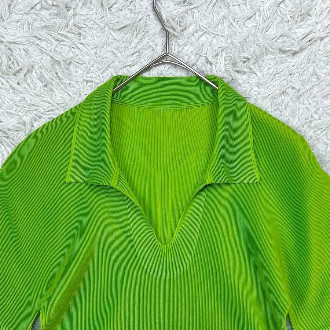 【美品】プリーツプリーズ 半袖 スキッパー カットソー 3 L相当 グリーン 緑