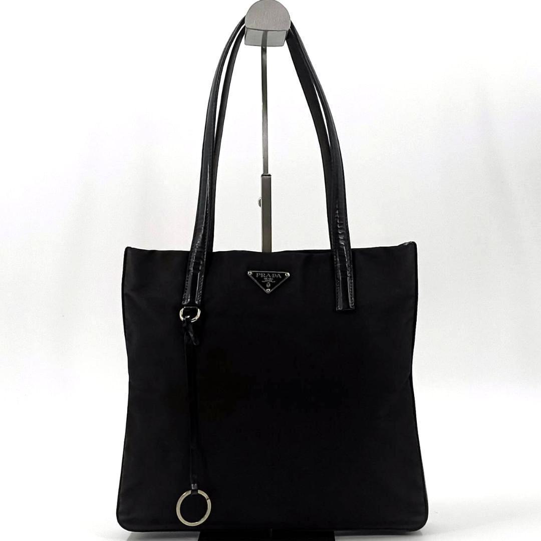 希少✨️プラダ　トートバッグ　三角ロゴ　ナイロン　レザー　金具　黒　白タグ