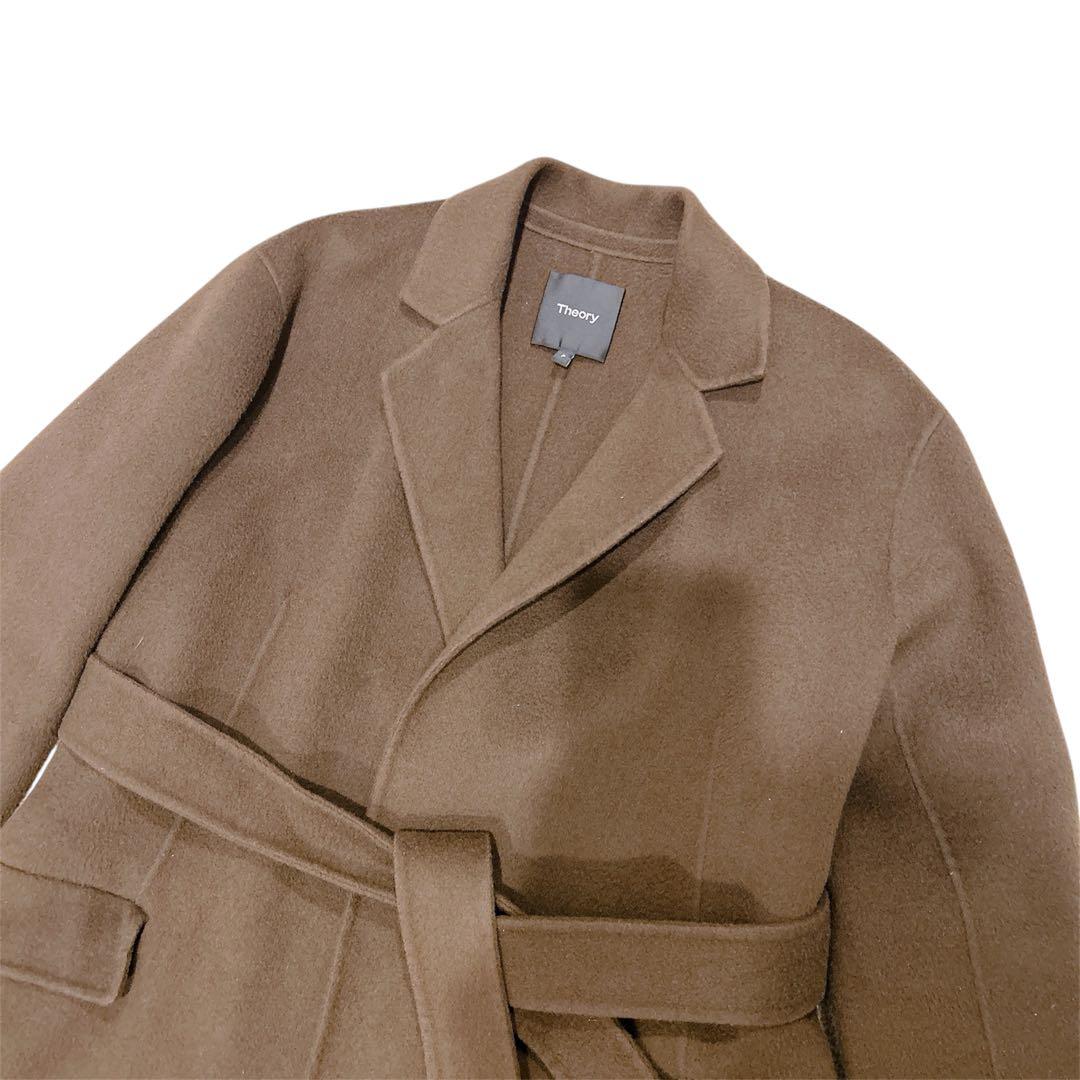 【人気】Theory カシミヤ ウールダブルフェイス ラップ コート　ブラウン