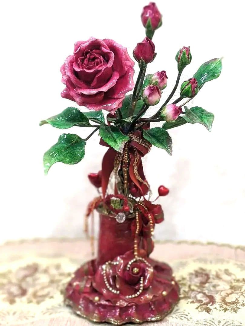 ロココ調薔薇✨粘土花✨陶器風✨クレイフラワー✨ハンドメイド