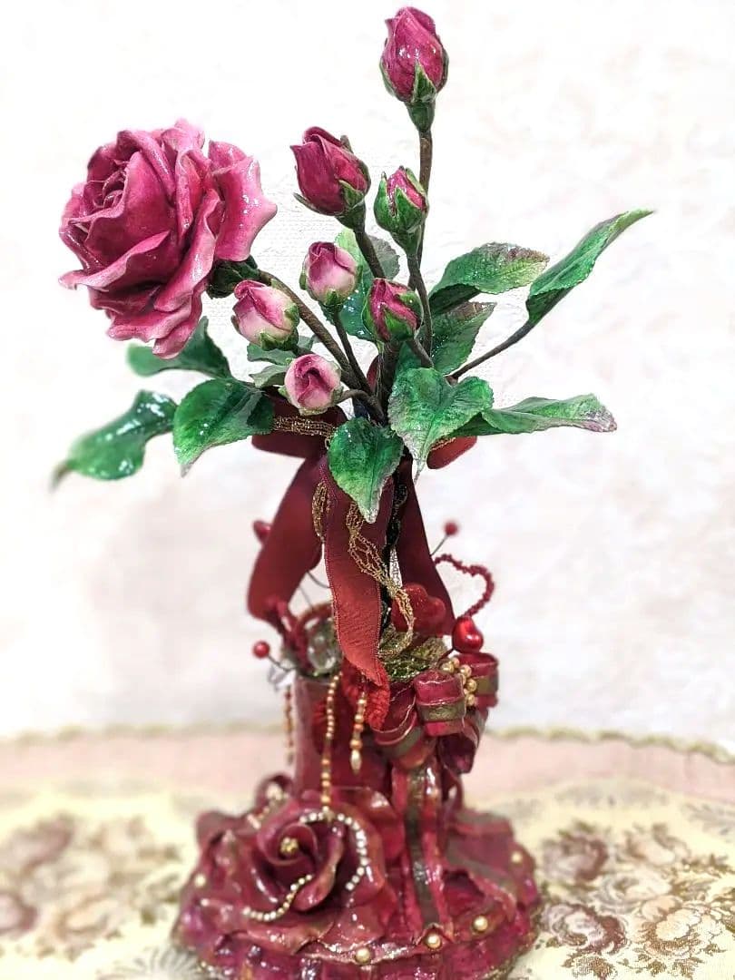 ロココ調薔薇✨粘土花✨陶器風✨クレイフラワー✨ハンドメイド