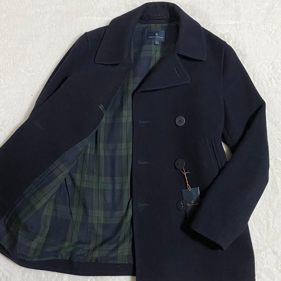 【美品】ブルックスブラザーズ Pコート チェック L相当 ブラック メンズ