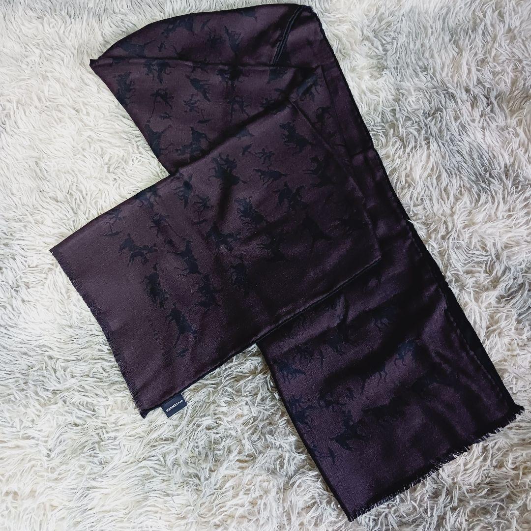 ​美品✨エルメス✨英国製 カシミヤシルク マフラー 馬 狩猟柄 186cm