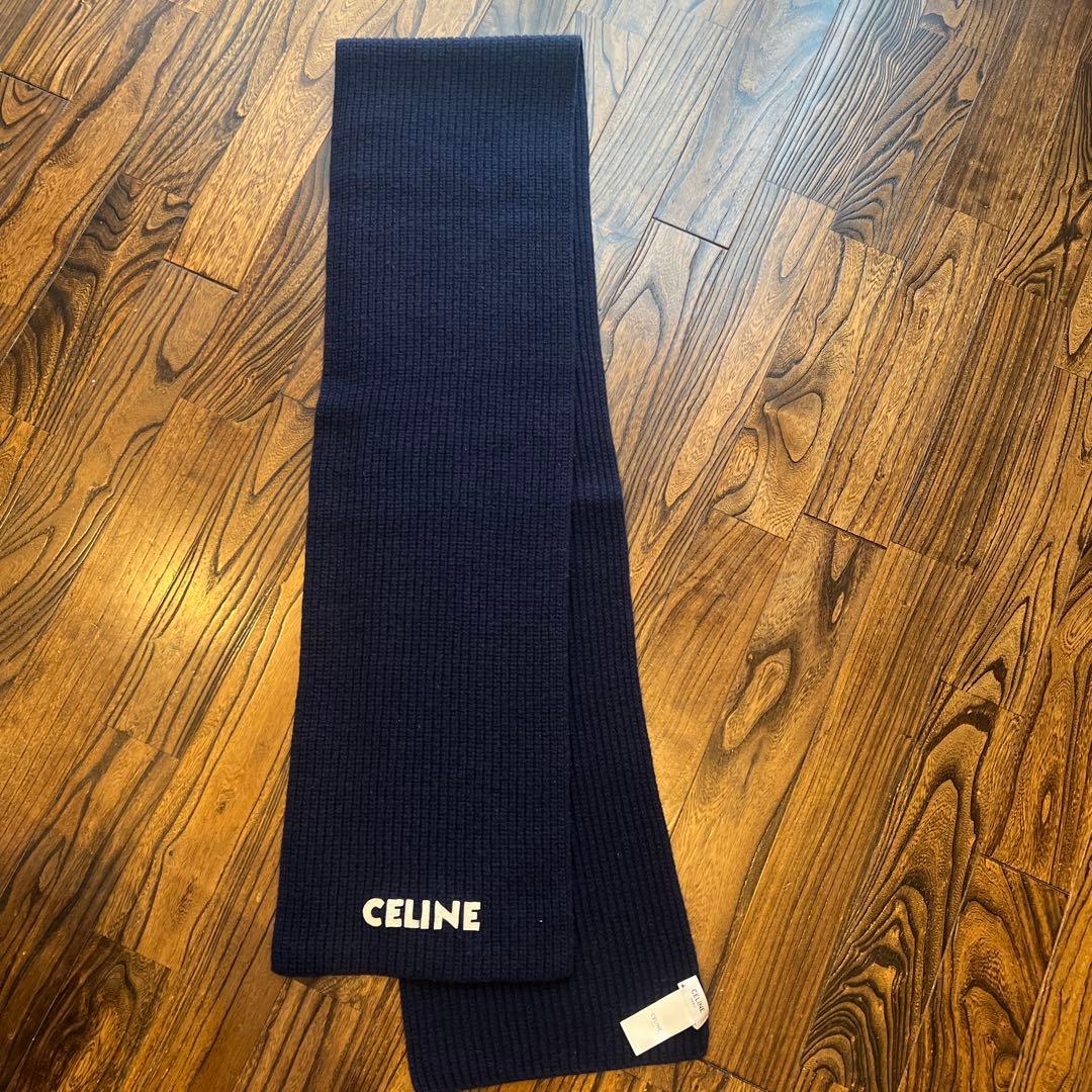 【極美品】CELINE セリーヌ　ネイビー リブ編みマフラー　ロゴ入り
