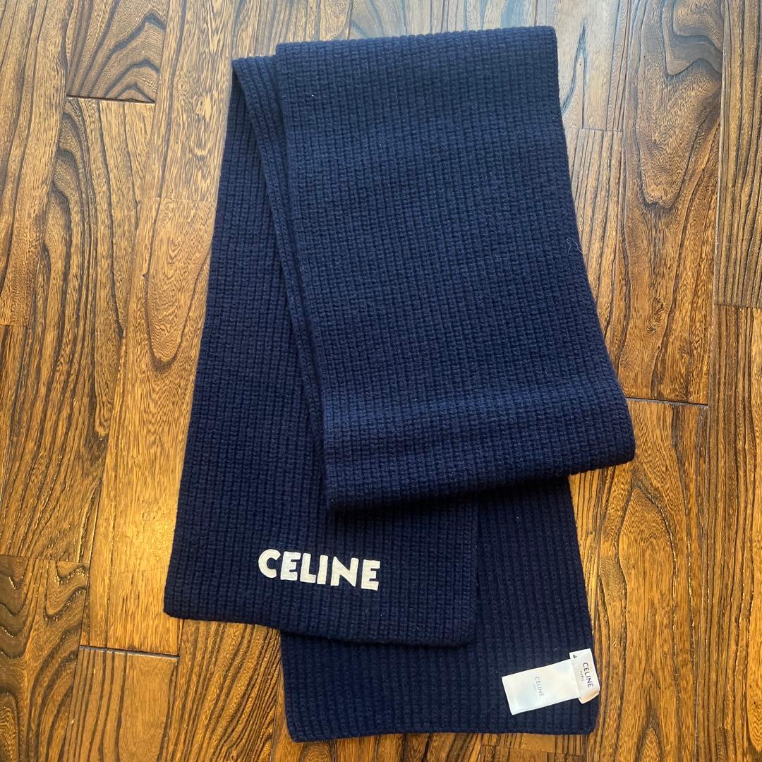【極美品】CELINE セリーヌ　ネイビー リブ編みマフラー　ロゴ入り