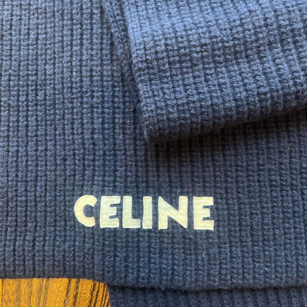 【極美品】CELINE セリーヌ　ネイビー リブ編みマフラー　ロゴ入り