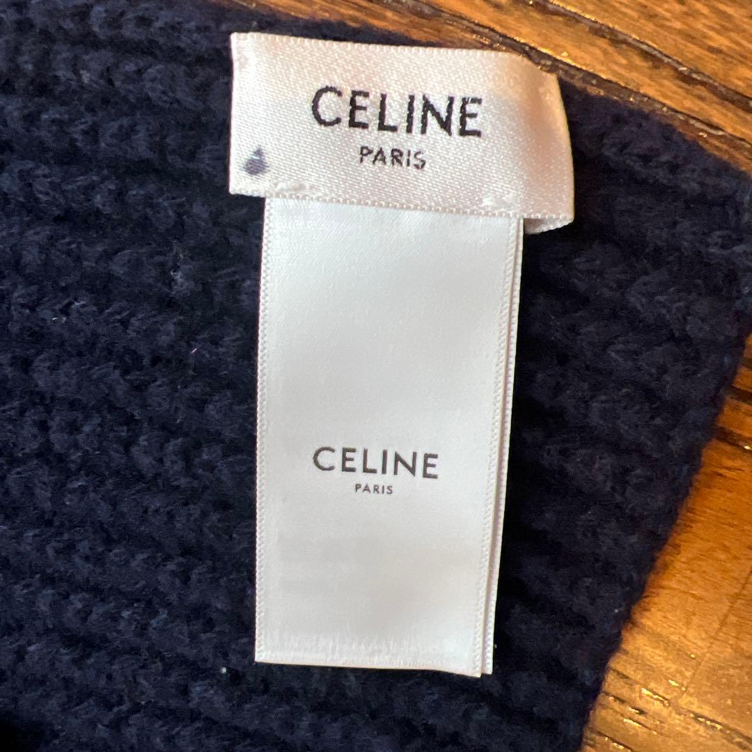 【極美品】CELINE セリーヌ　ネイビー リブ編みマフラー　ロゴ入り