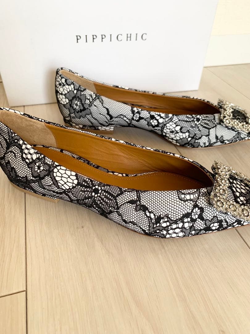 新品PIPICHIC ピッピシック レースビジュー フラットシューズ