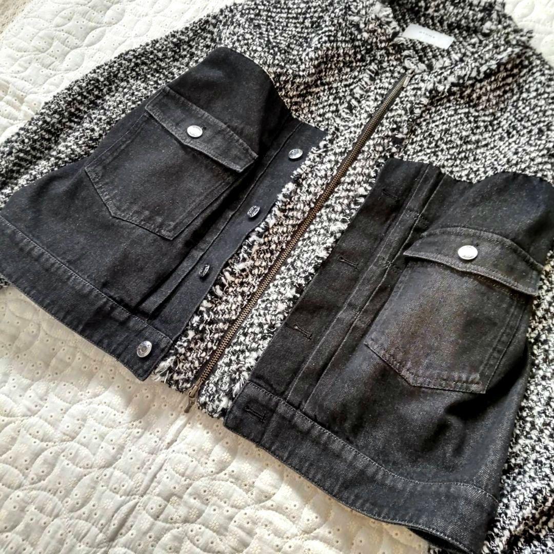 美品✨QTUME クチューム★ノーカラー ツイードデニムジャケット Mサイズ