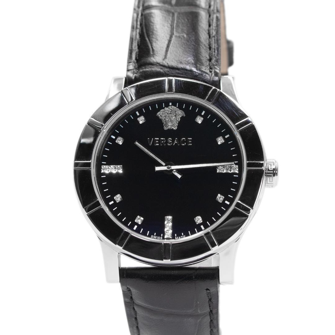 ヴェルサーチェ 腕時計 メンズ レディース 黒 ダイヤ メドゥーサロゴ 革ベルト