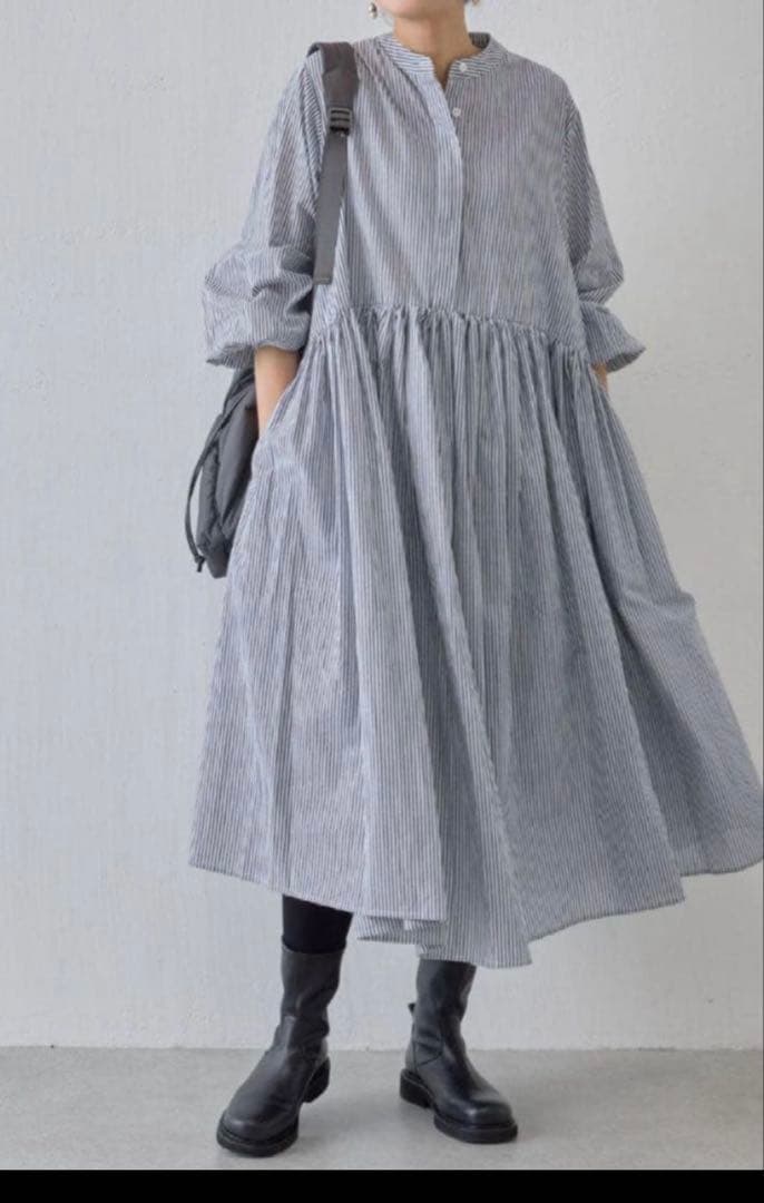 beardsley大人かわいいストライプ柄長袖バンドカラーロングワンピサイズ1