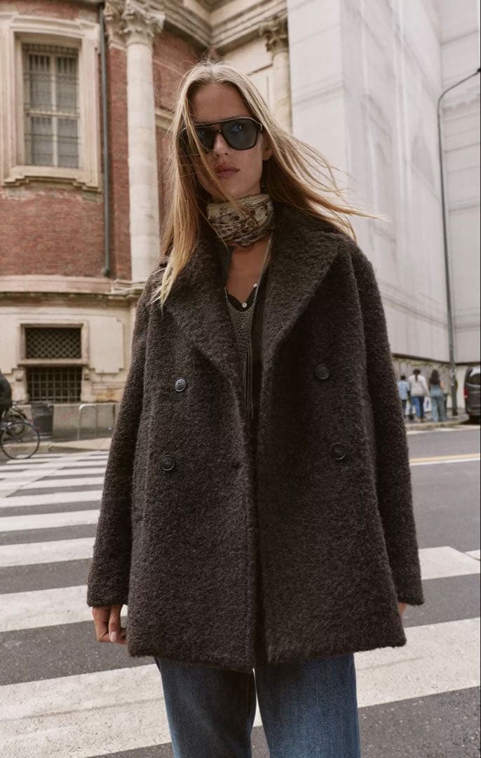 T*T様 ZARA ブークレダブルブレスト ミディ丈コート S ダークブラウン