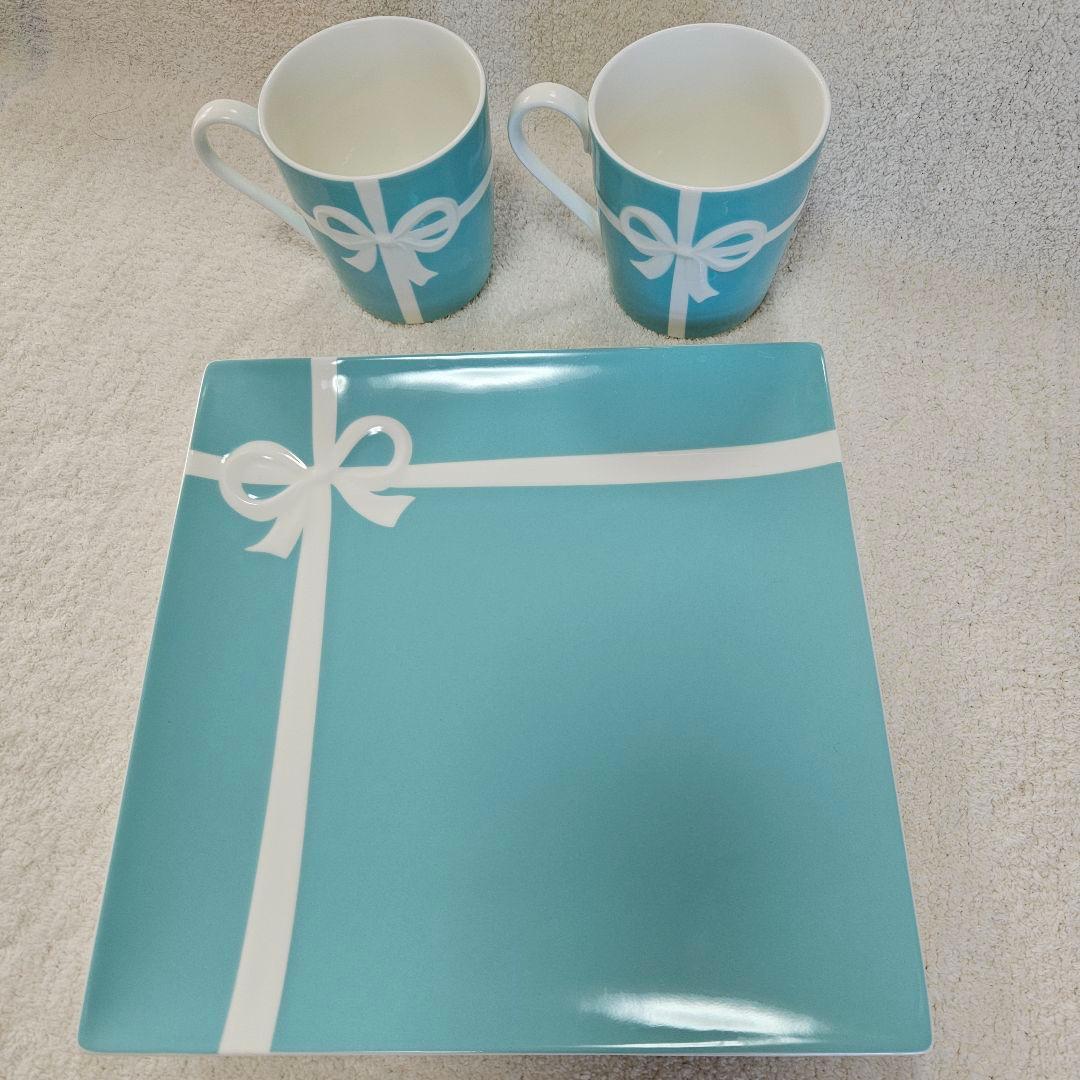 ティファニー　ブルーリボン　プレート　ペアマグカップ