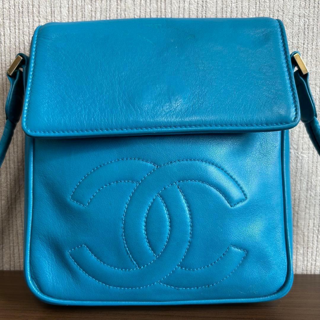 真贋済　CHANEL シャネル ブルー レザー ショルダーバッグ　ココマーク