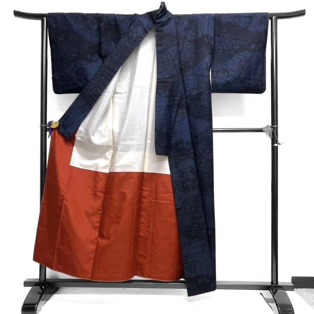 本場結城紬　雲　花模様　七宝　小紋　着物　033a p