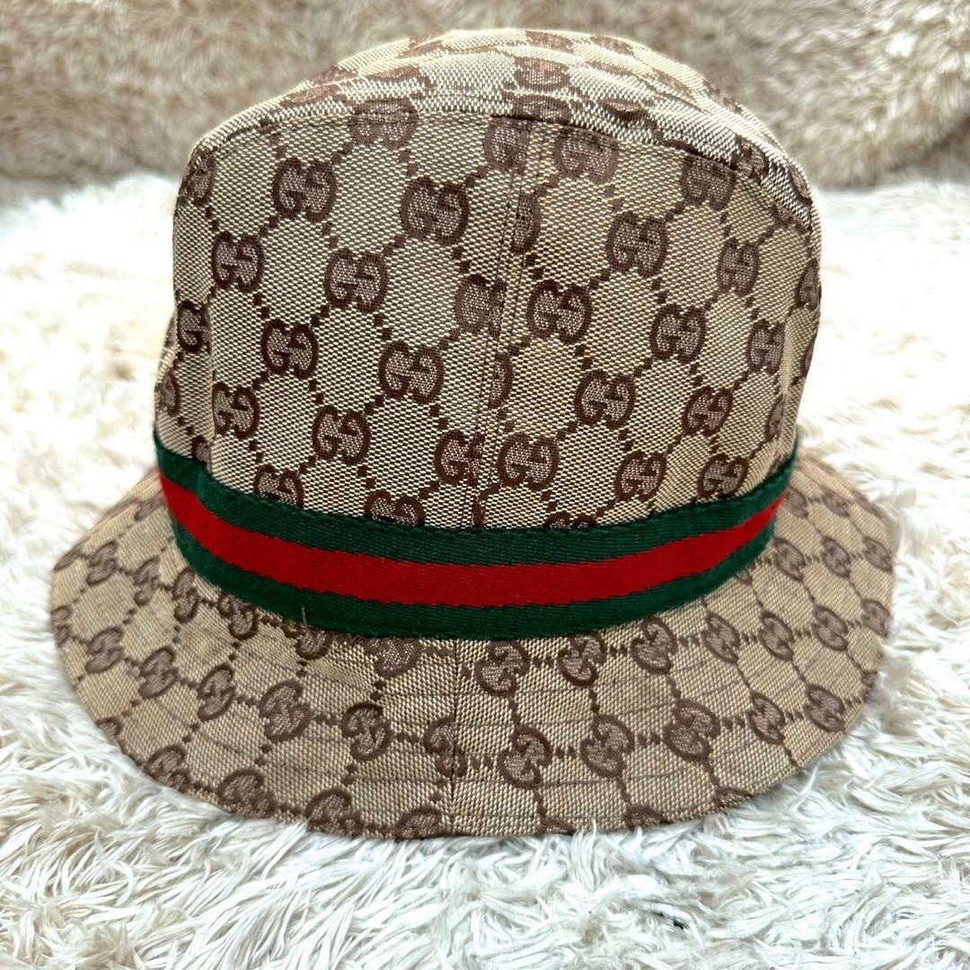 【美品】グッチ 帽子 バケットハット ベージュ キャンバス シェリーライン