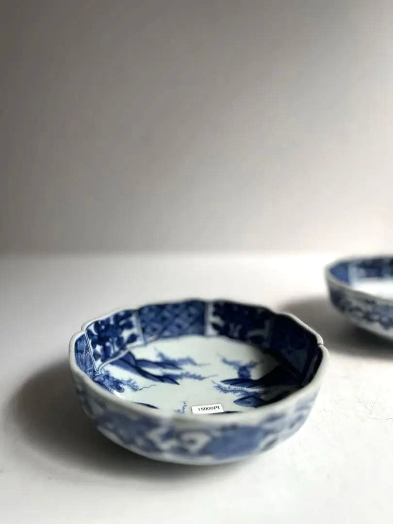 424 骨董 アンティーク 古伊万里 成化年製 染付 5寸輪花皿 2点組 幕末