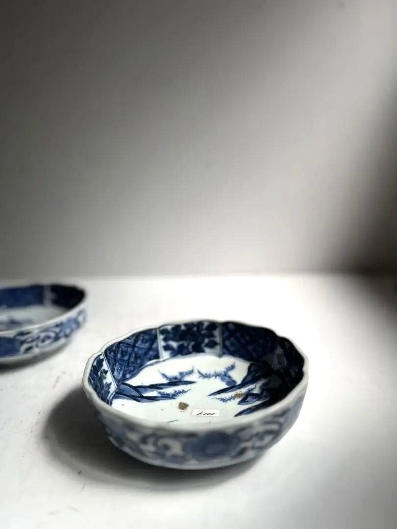 424 骨董 アンティーク 古伊万里 成化年製 染付 5寸輪花皿 2点組 幕末