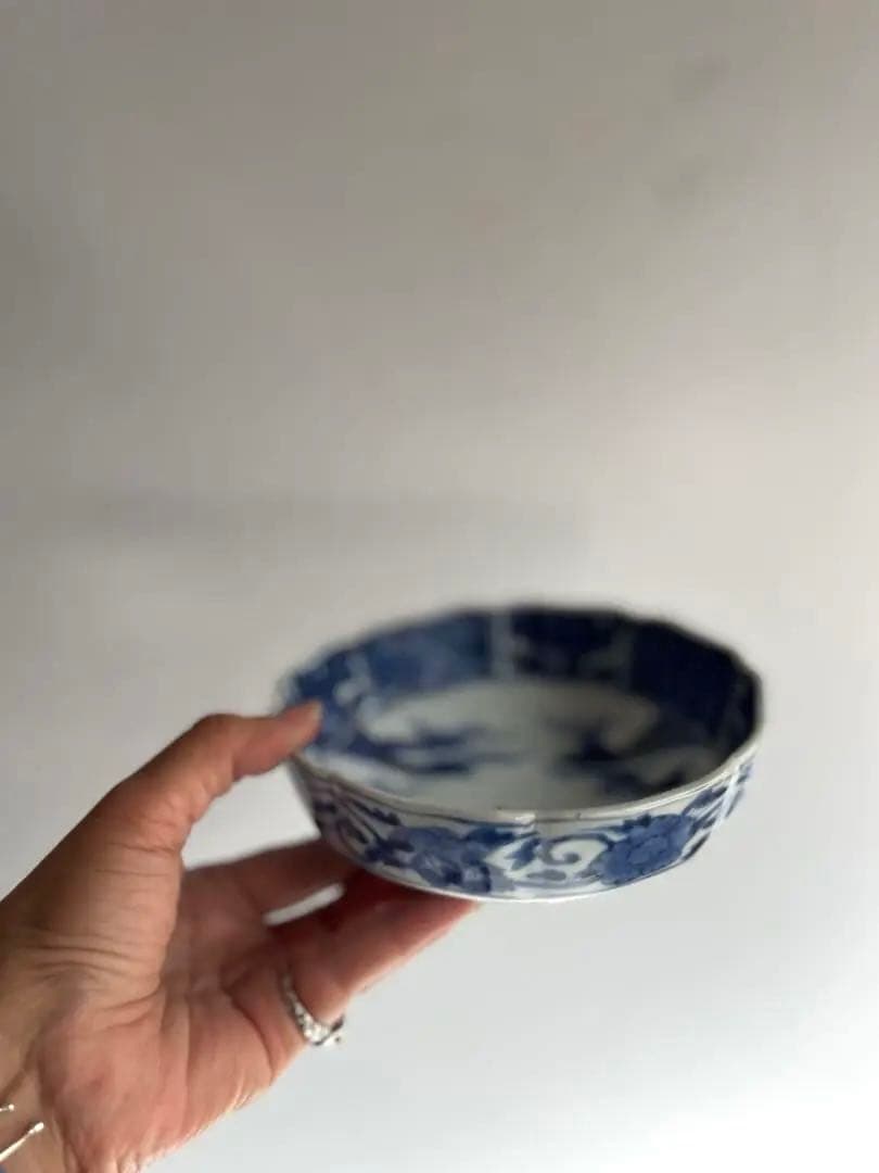 424 骨董 アンティーク 古伊万里 成化年製 染付 5寸輪花皿 2点組 幕末