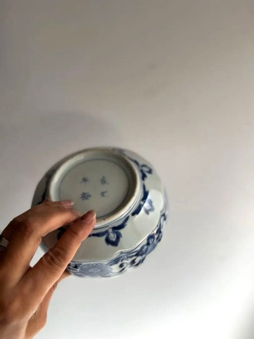 424 骨董 アンティーク 古伊万里 成化年製 染付 5寸輪花皿 2点組 幕末