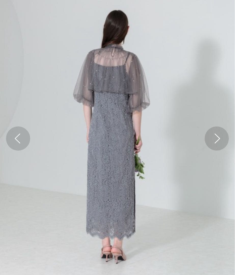 【LEJA】パール付きケープ風リボンパフスリーブボレロ刺繍レースキャミワンピ