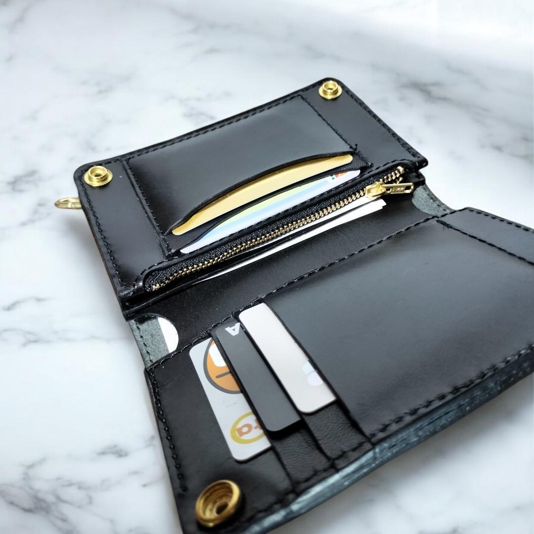 本ヌメ革　芯通し黒　真鍮　紙幣ポケット付きミドルトラッカーウォレット　ハンドメイ