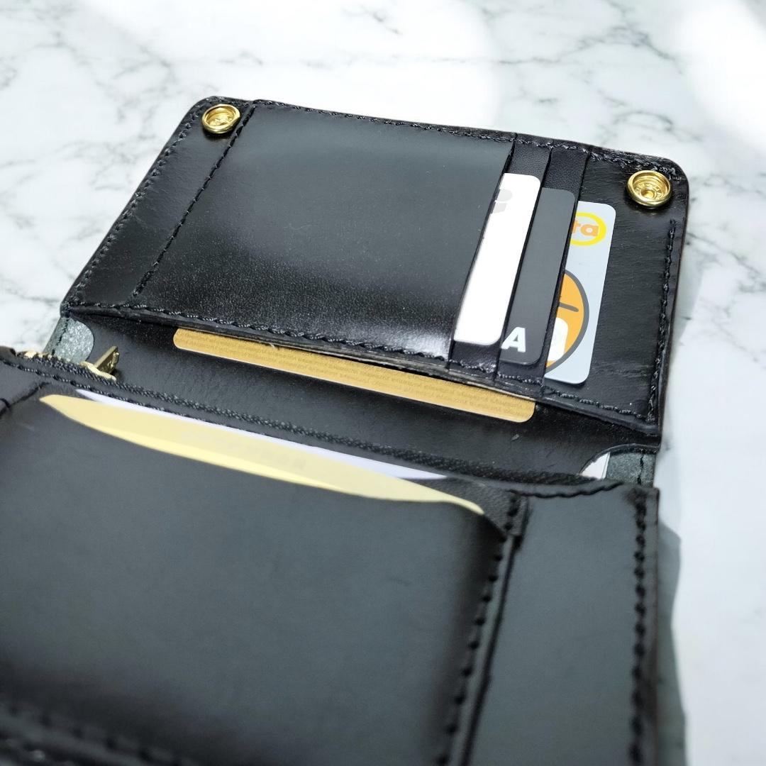 本ヌメ革　芯通し黒　真鍮　紙幣ポケット付きミドルトラッカーウォレット　ハンドメイ