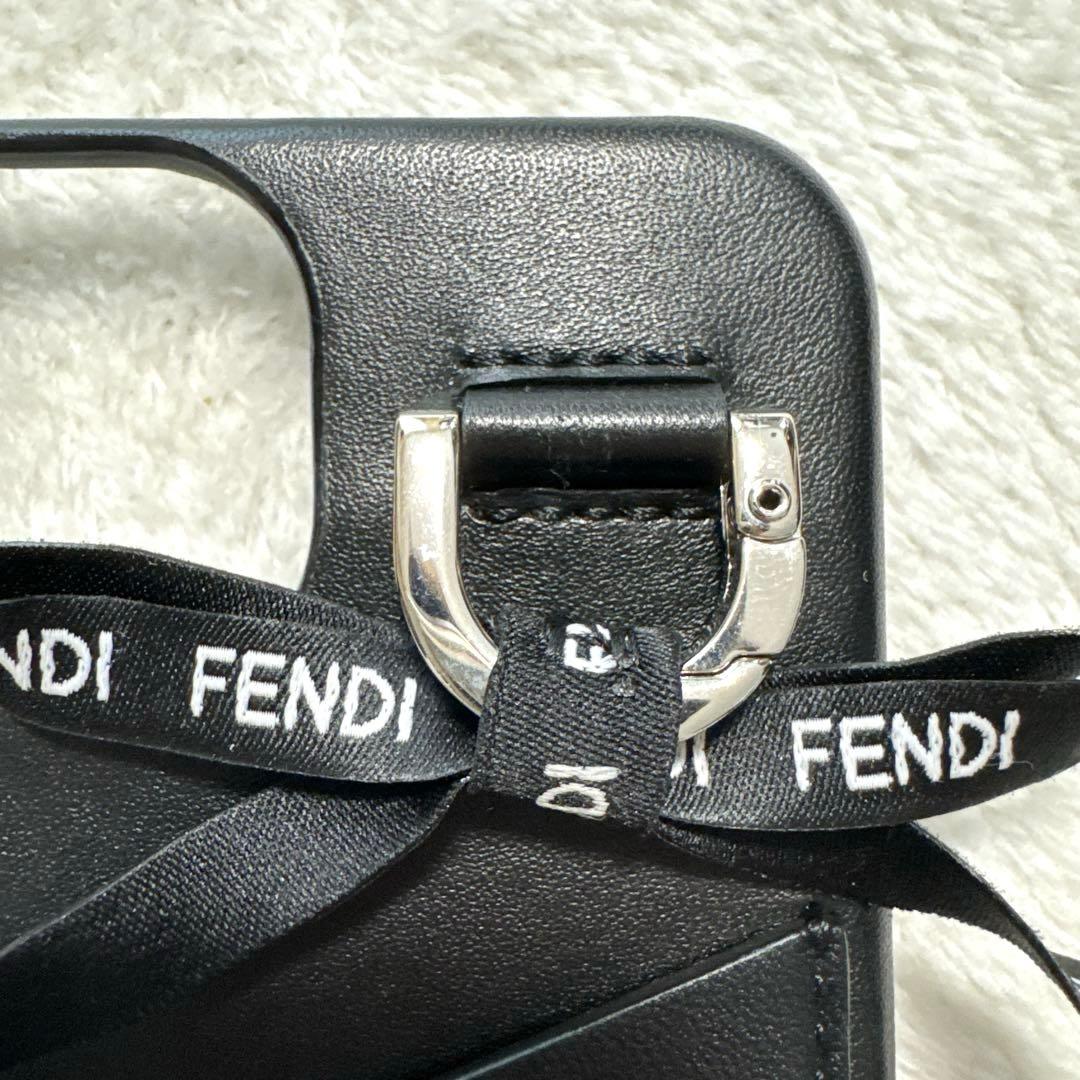 極美品 フェンディ iPhone14ケース 本革 シルバー金具 リボン ブラック