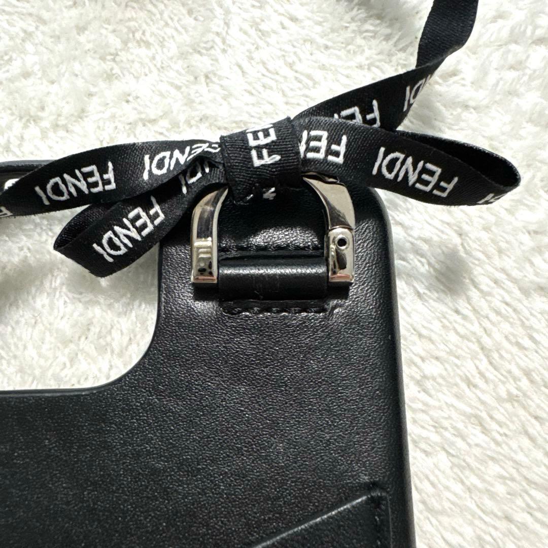 極美品 フェンディ iPhone14ケース 本革 シルバー金具 リボン ブラック