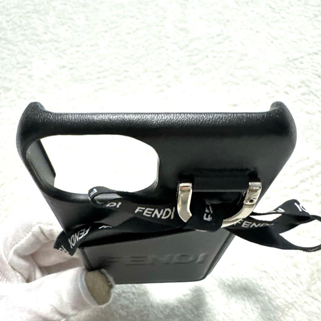 極美品 フェンディ iPhone14ケース 本革 シルバー金具 リボン ブラック