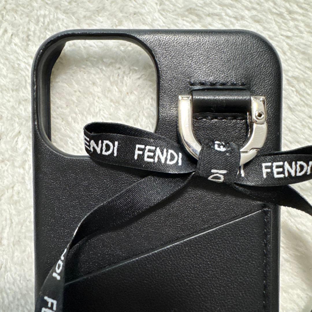 極美品 フェンディ iPhone14ケース 本革 シルバー金具 リボン ブラック