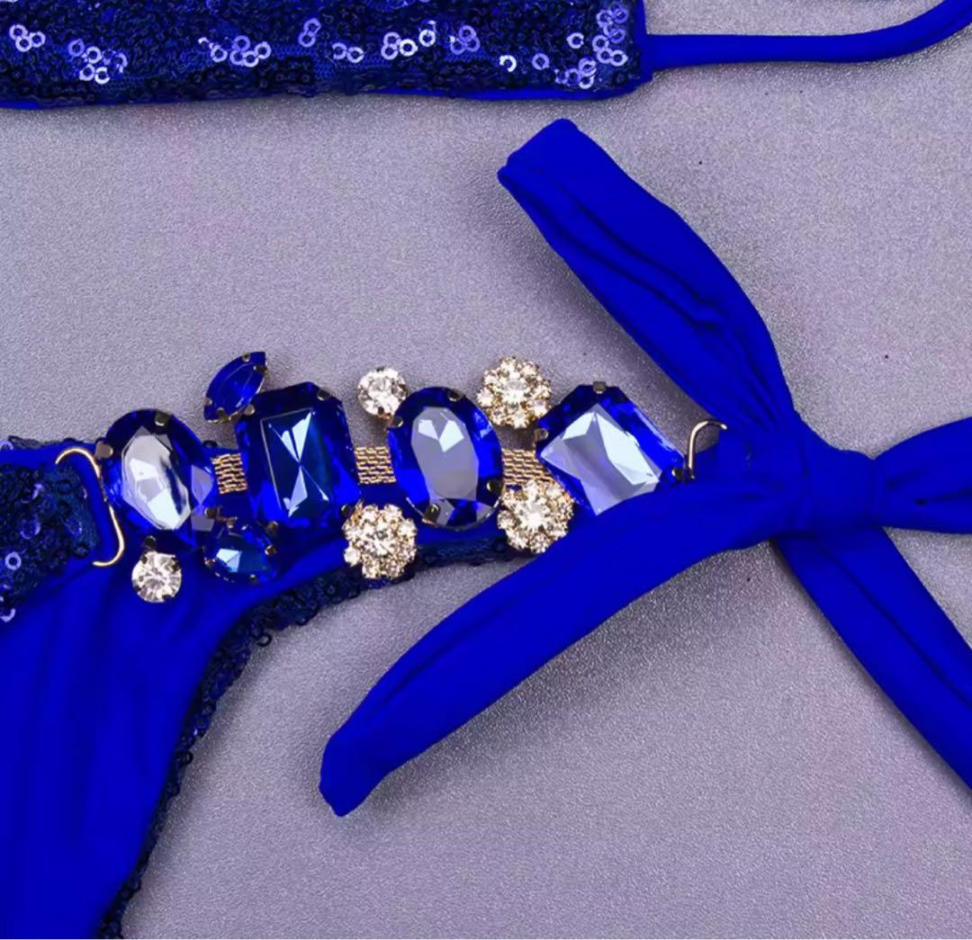 【新品】競技用ビキニ　大会　コンテスト　ピアス付き　青　ブルー