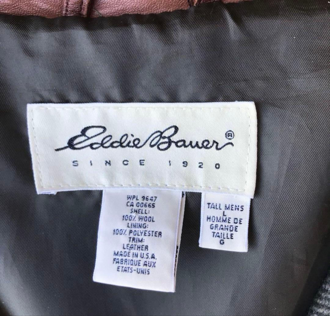 90s Eddie Bauer アメリカ製 ウールコート　レザー襟　ヘリンボーン