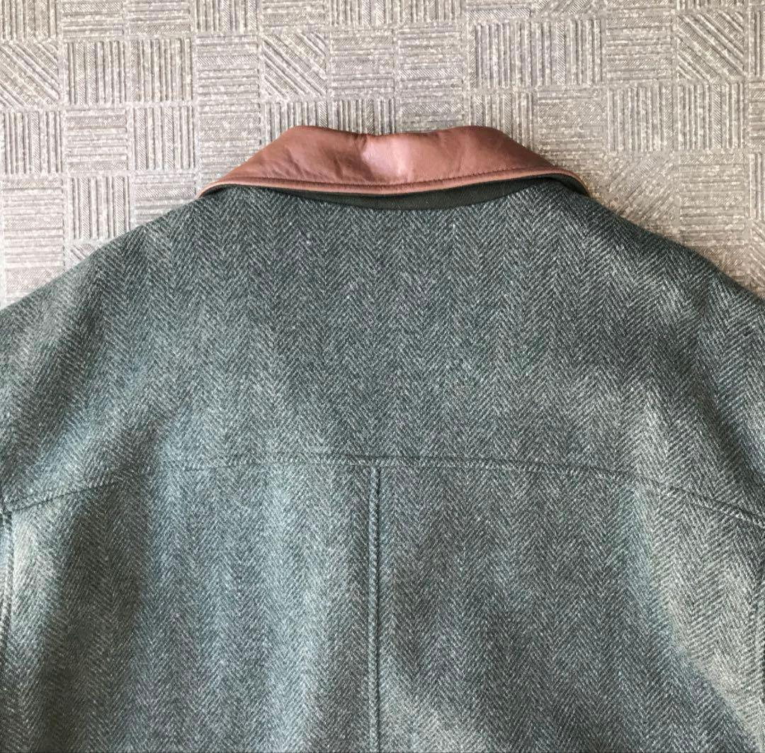90s Eddie Bauer アメリカ製 ウールコート　レザー襟　ヘリンボーン