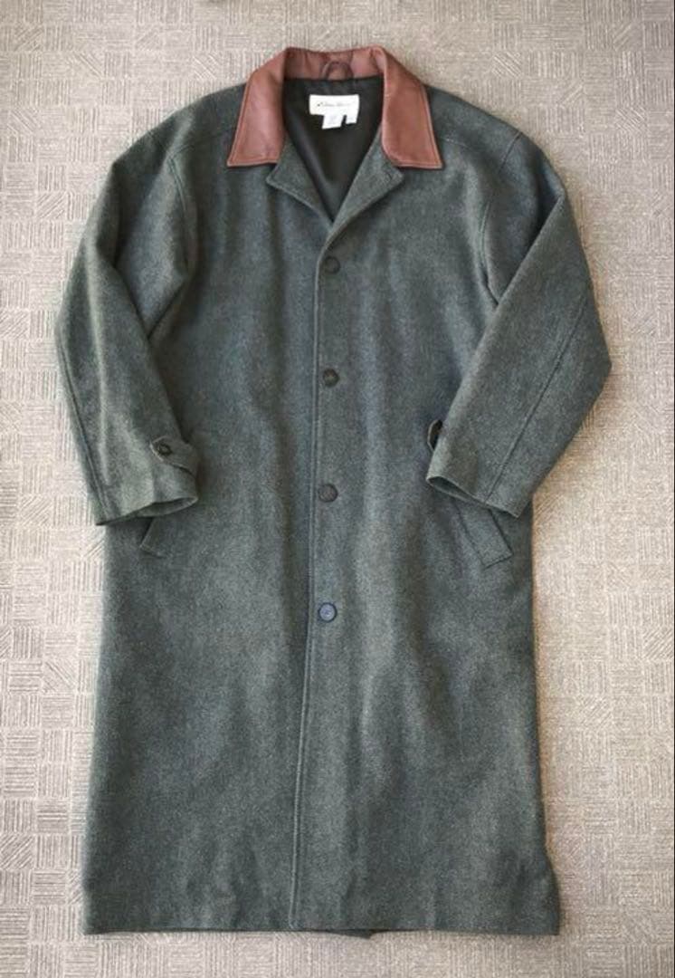 90s Eddie Bauer アメリカ製 ウールコート　レザー襟　ヘリンボーン