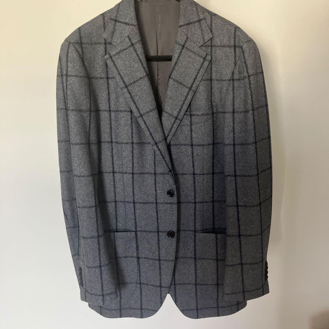美品 BEAMS ウールシルク ウインドウペーン 秋冬 ジャケット グレー 50