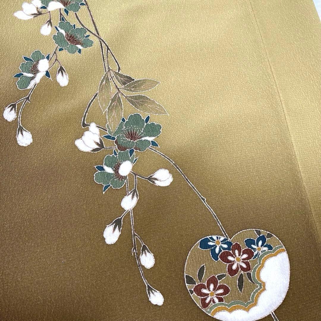 【美品✨】東レシルック　洗える着物　付け下げ　緑みのくすみの黄　桜　ぼかし染I1