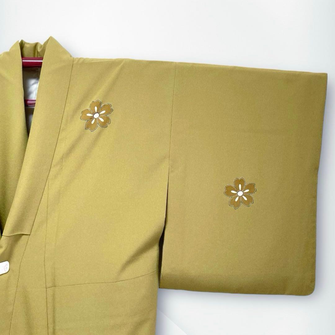 【美品✨】東レシルック　洗える着物　付け下げ　緑みのくすみの黄　桜　ぼかし染I1