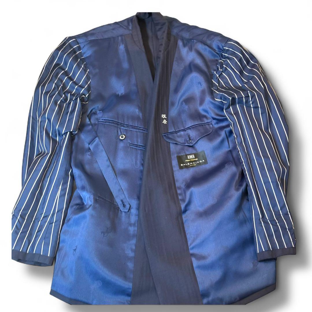 美品 バレンシアガ ダブルブレストスーツ セットアップ ウール 紺 ストライプ