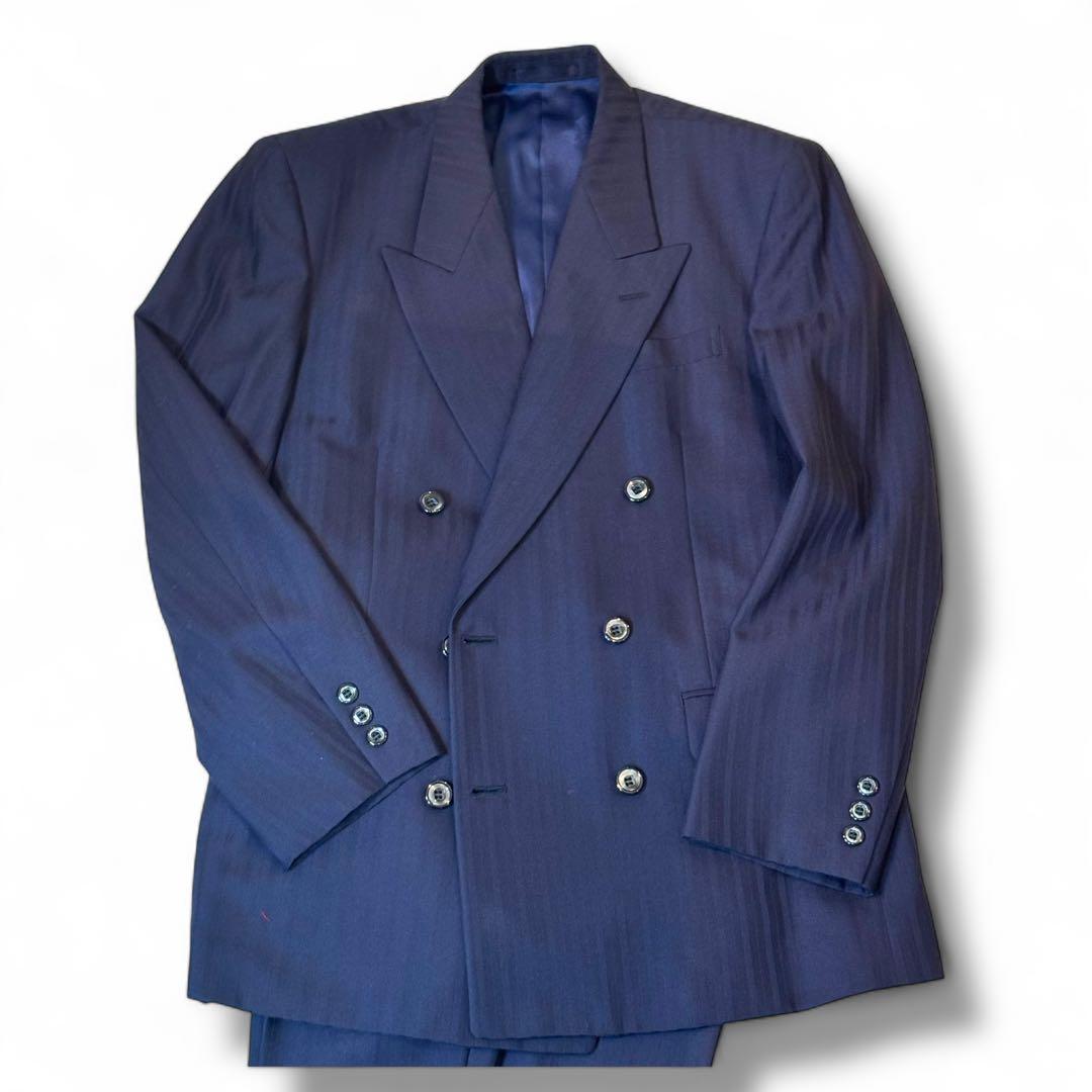 美品 バレンシアガ ダブルブレストスーツ セットアップ ウール 紺 ストライプ