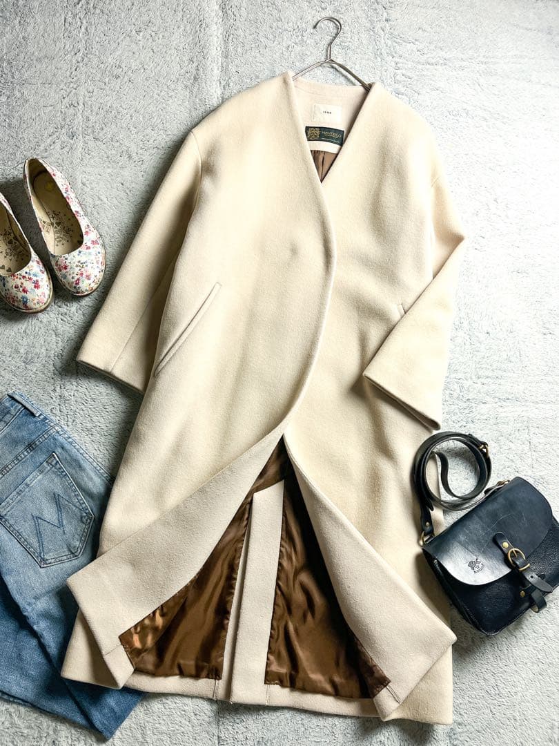 【IENA】イエナ 毛混 MANTECO ノーカラーロングコート アイボリー