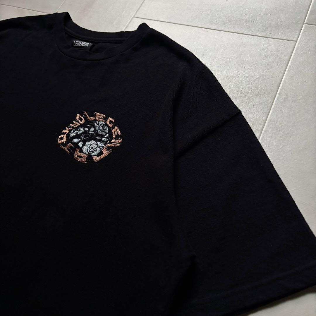 【韓国製】 レジェンダ アーチローズ刺繍Tシャツ 薔薇 ブラック フリーサイズ