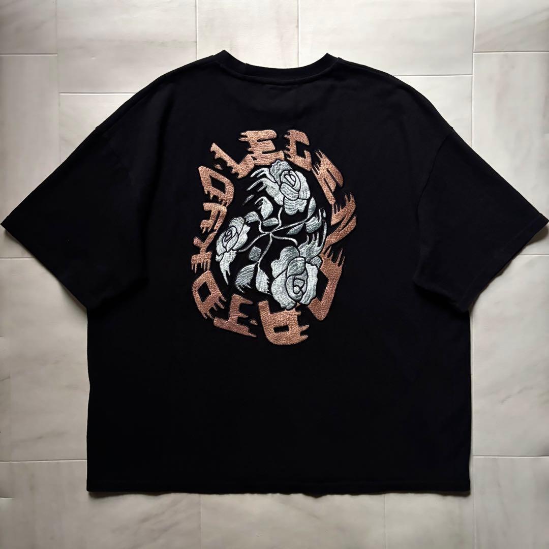 【韓国製】 レジェンダ アーチローズ刺繍Tシャツ 薔薇 ブラック フリーサイズ