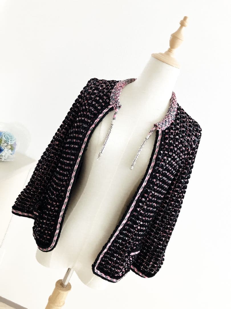 CHANEL ノーカラー　ツイードジャケット　黒ピンク　ココマーク