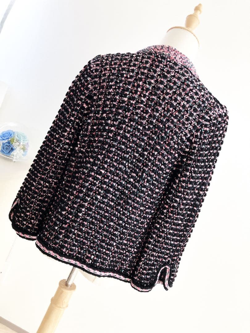 CHANEL ノーカラー　ツイードジャケット　黒ピンク　ココマーク