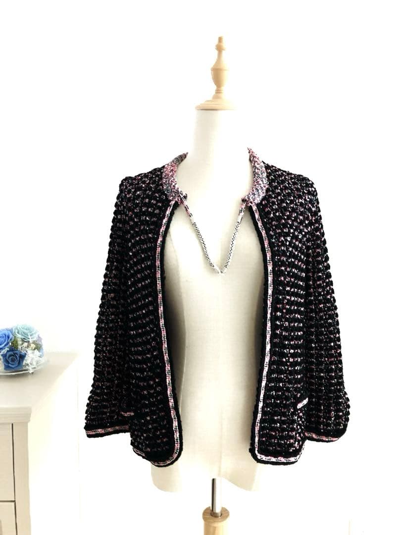 CHANEL ノーカラー　ツイードジャケット　黒ピンク　ココマーク