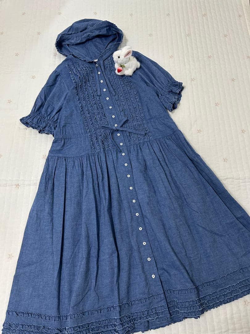 ピンクハウス　カントリー　ワンピース　半袖　デニム風　ピコフリル　フード